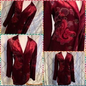 Burgundy velvet 3 button mid calf jacket